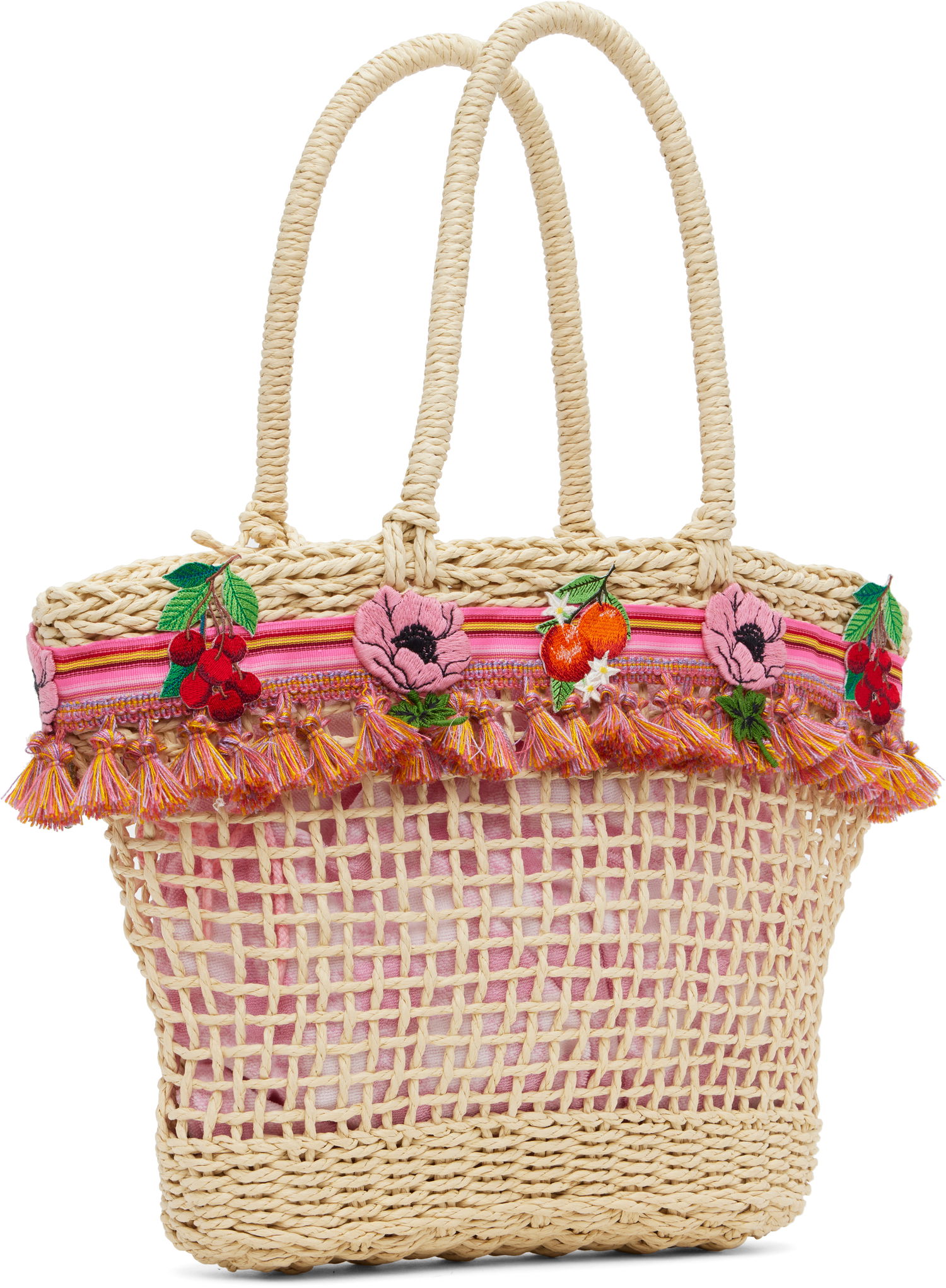 Mulepose Anna Sui Anna Sui Raffia Tassel Tote Bag with Fruit Embroidery Beige | 225A92, 1
