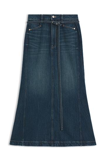 Nederdel BOSS Flared denim maxi skirt with self-tie belt Blå | 50548436, 0