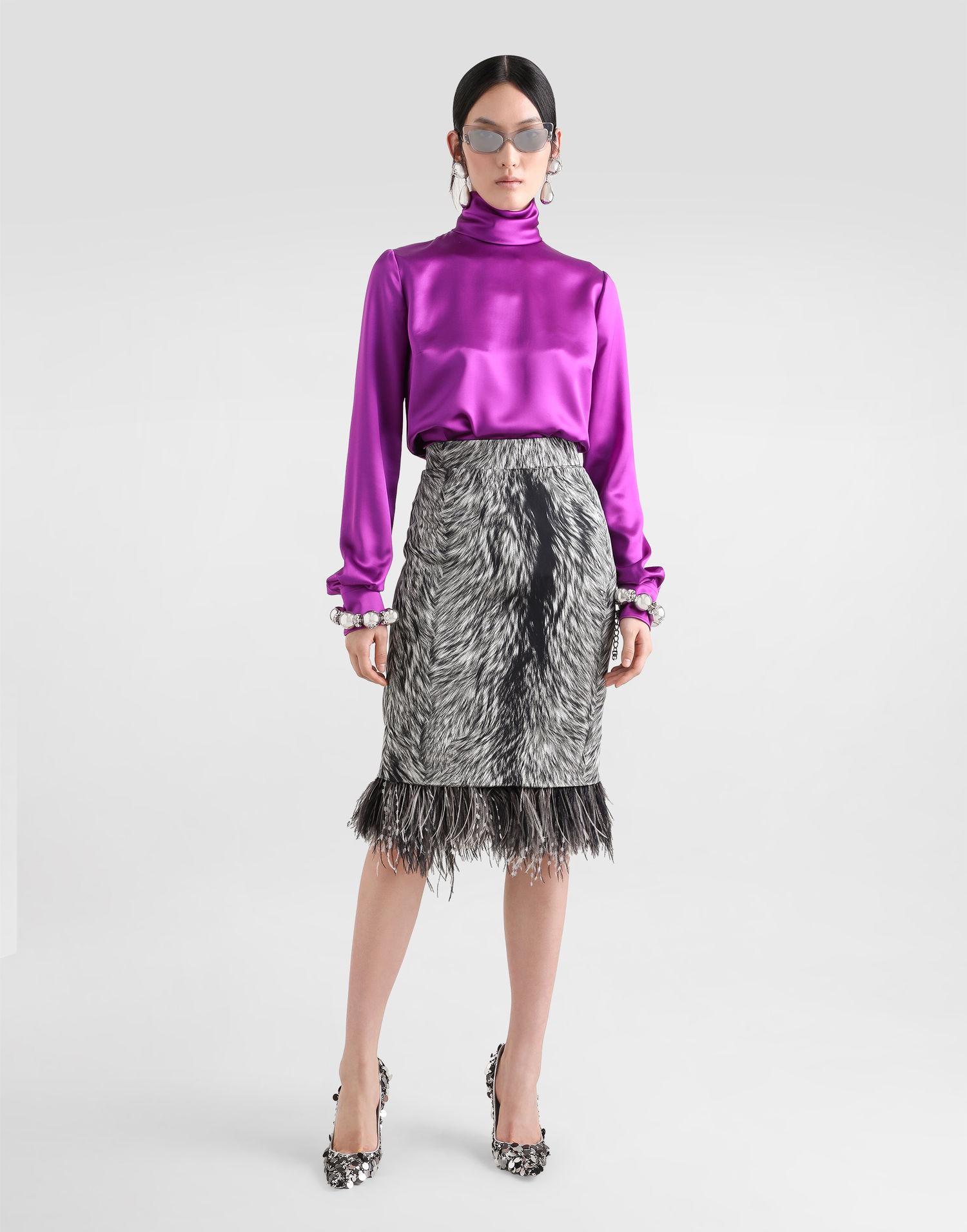 Nederdel Dolce & Gabbana Calf-length Pencil Skirt With Fur Print And Feathered Detailing Grey Grå | F4C1ITFSA71HI3VQ, 1