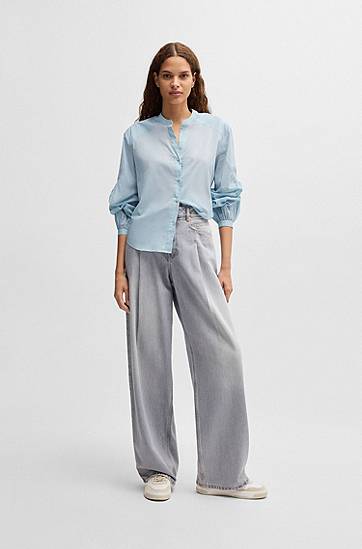 Skjorte BOSS Cotton Voile Regular-Fit Blouse with Wide Sleeves Blå | 50509827, 1