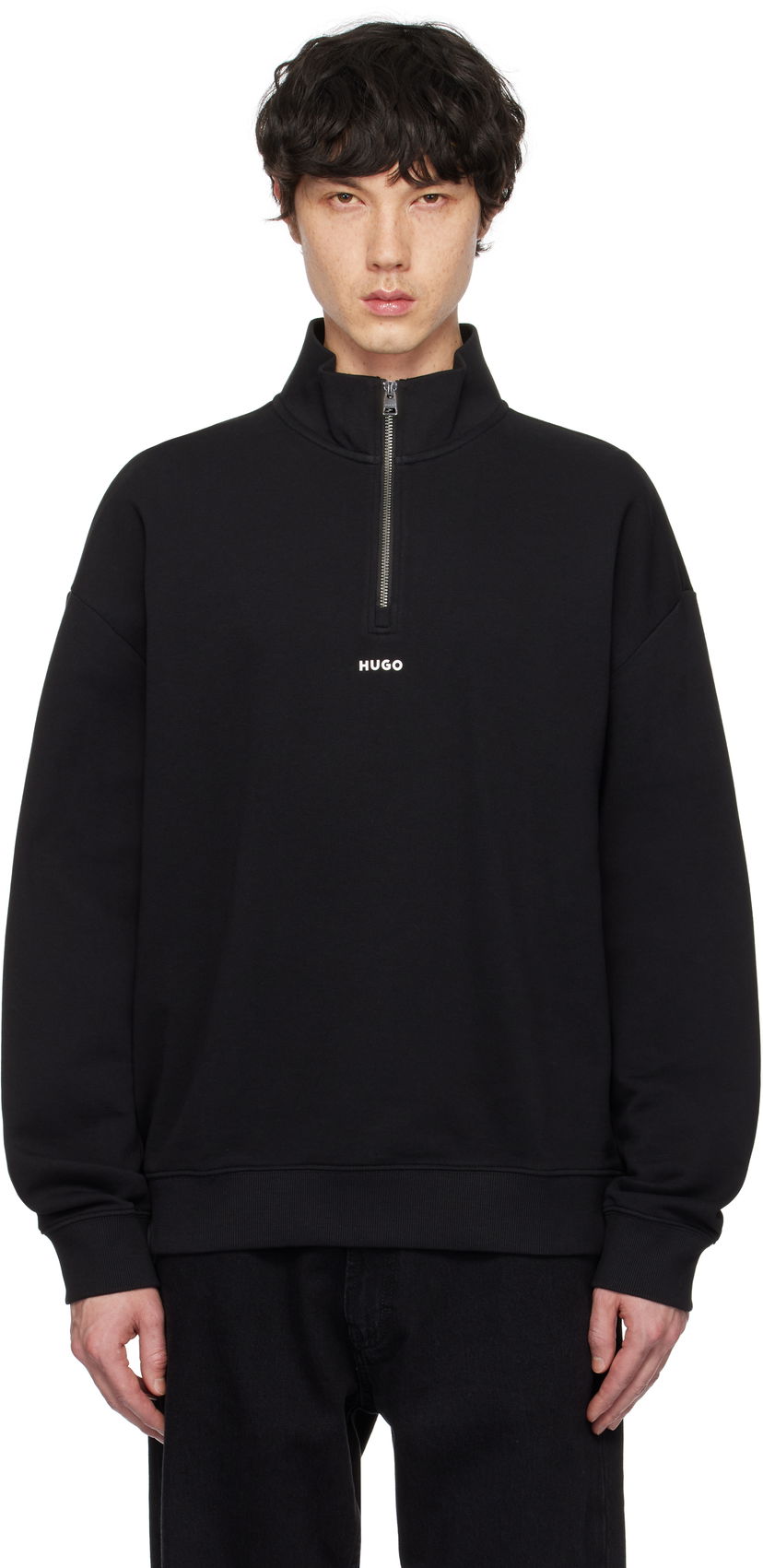Sweatshirt BOSS Hugo Logo Print Cotton-Terry Zip-Neck Sweatshirt Sort | 50525881