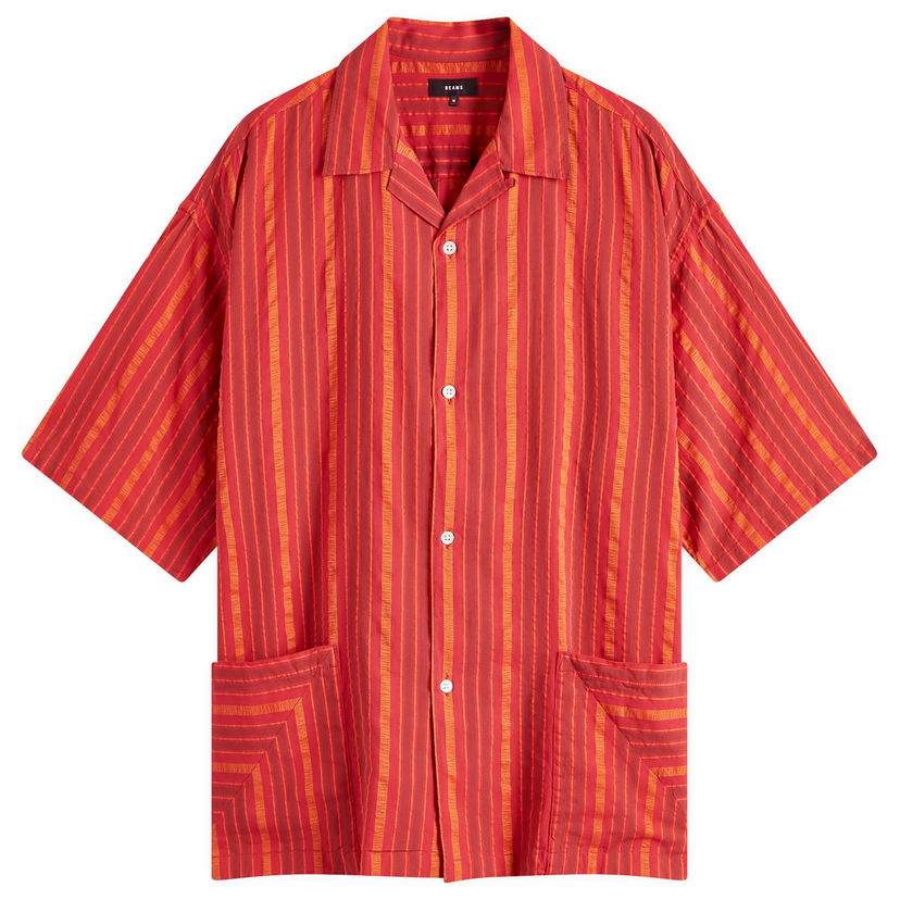 Skjorte BEAMS BEAMS Stripe Open Collar Shirt, Size Large Rød | 1101-0564-803-35