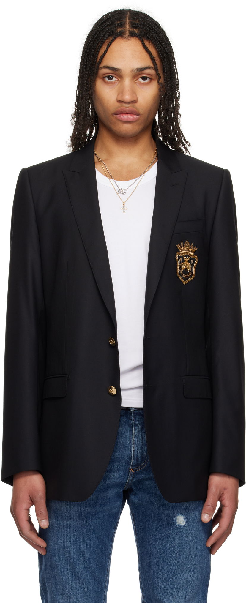 Jakke Dolce & Gabbana Dolce&Gabbana Single-Breasted Wool & Silk Blazer with Patch Sort | G2LK0ZFU3H1