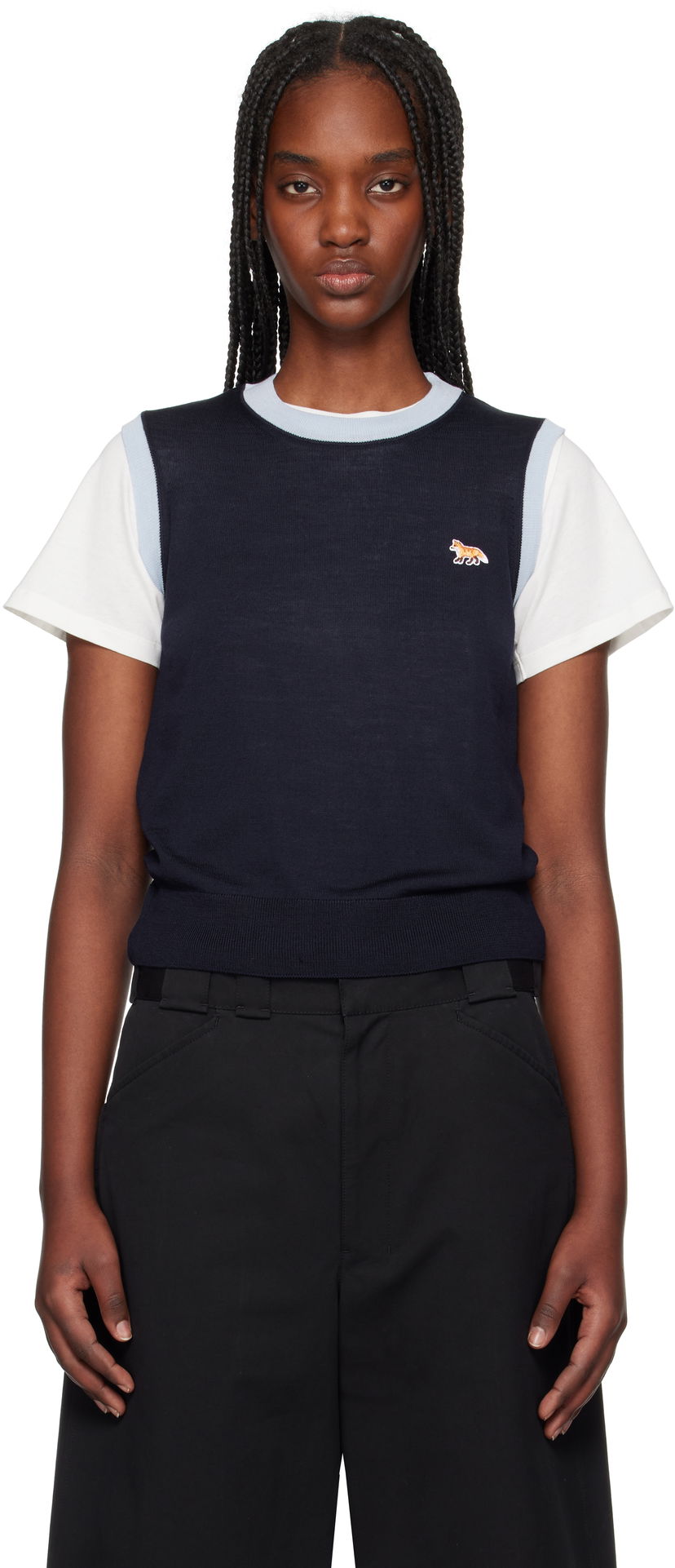 Sweater MAISON KITSUNÉ Maison Kitsuné Bi-Color Knitted Tank Top with Baby Fox Patch Mørkeblå | OW00603KT1136
