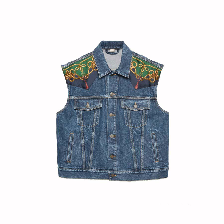 Vest Gucci Silk Scarf-Panelled Denim Vest Blue Blå | 692269 XDBYH 4447, 0