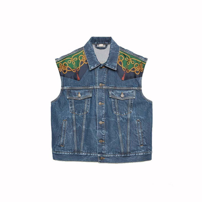 Vest Gucci Silk Scarf-Panelled Denim Vest Blue Blå | 692269 XDBYH 4447