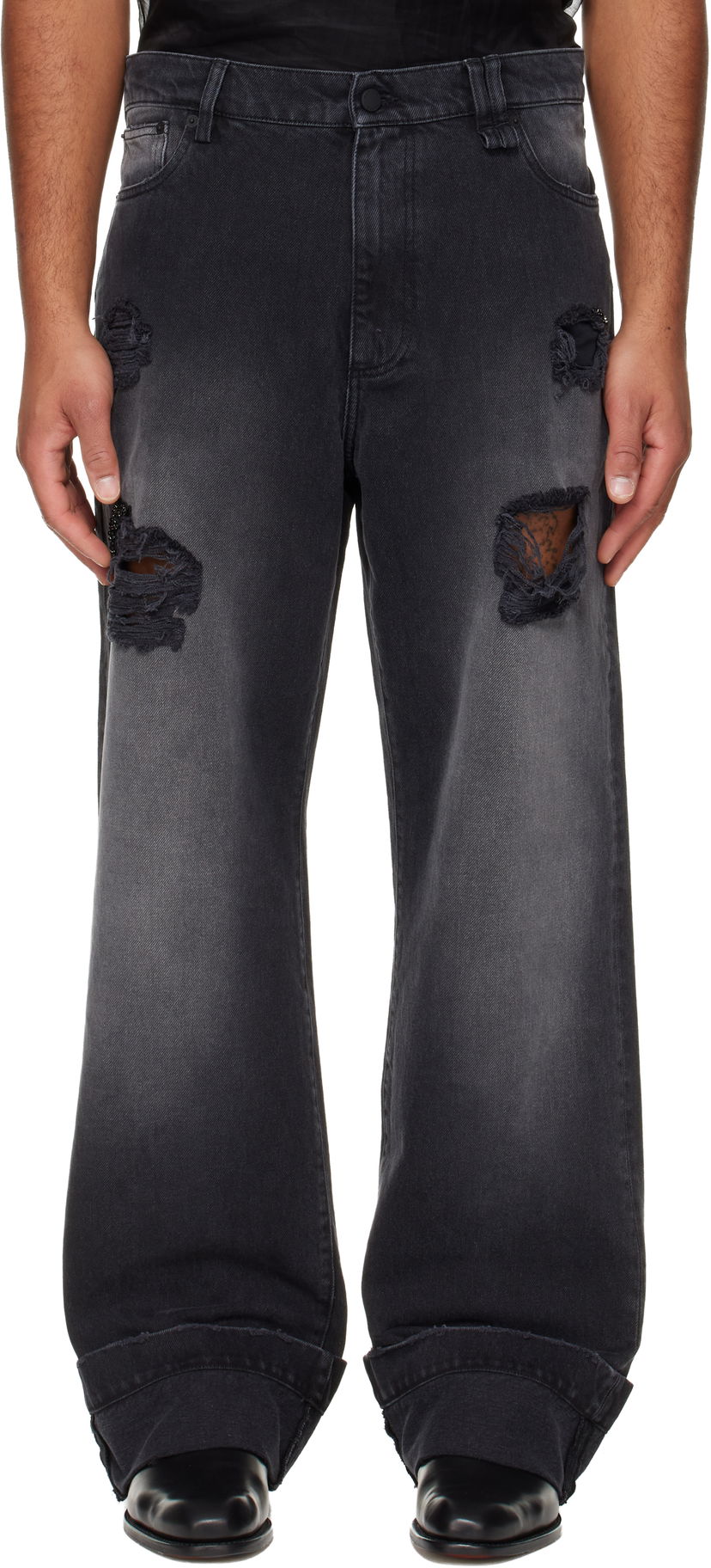 Jeans Simone Rocha Simone Rocha Embellished Distressed Wide-Leg Cuffed Jeans Sort | 4161B 1239D