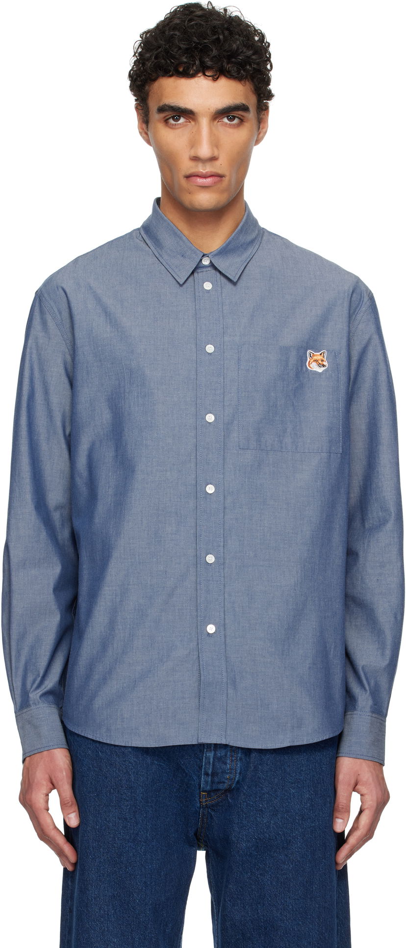 Skjorte MAISON KITSUNÉ Maison Kitsuné Fox Head Casual Shirt Blå | OM00432WC5043