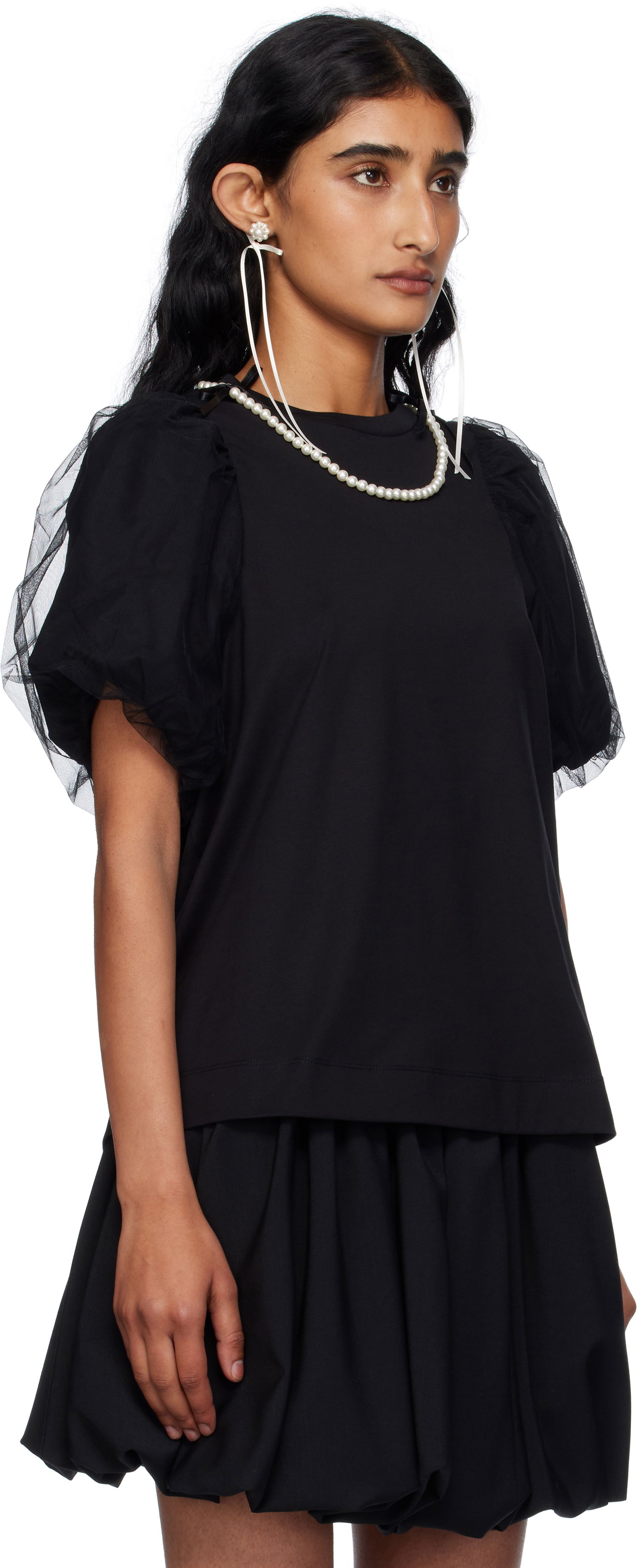 T-shirt Simone Rocha Simone Rocha Embellished Tulle Overlay Puff Sleeve T-Shirt Sort | 5397B 0553, 1