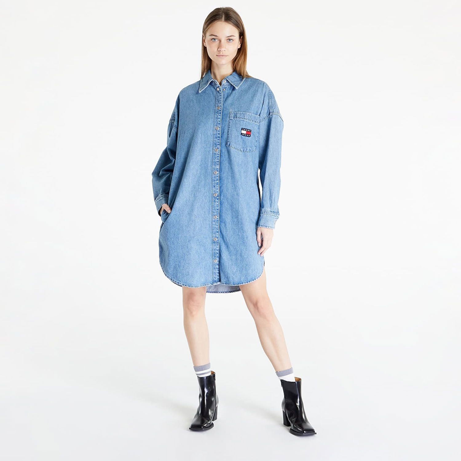 Kjole Tommy Hilfiger Badge Denim Shirt Dress Blå | DW0DW15180 1A5, 0