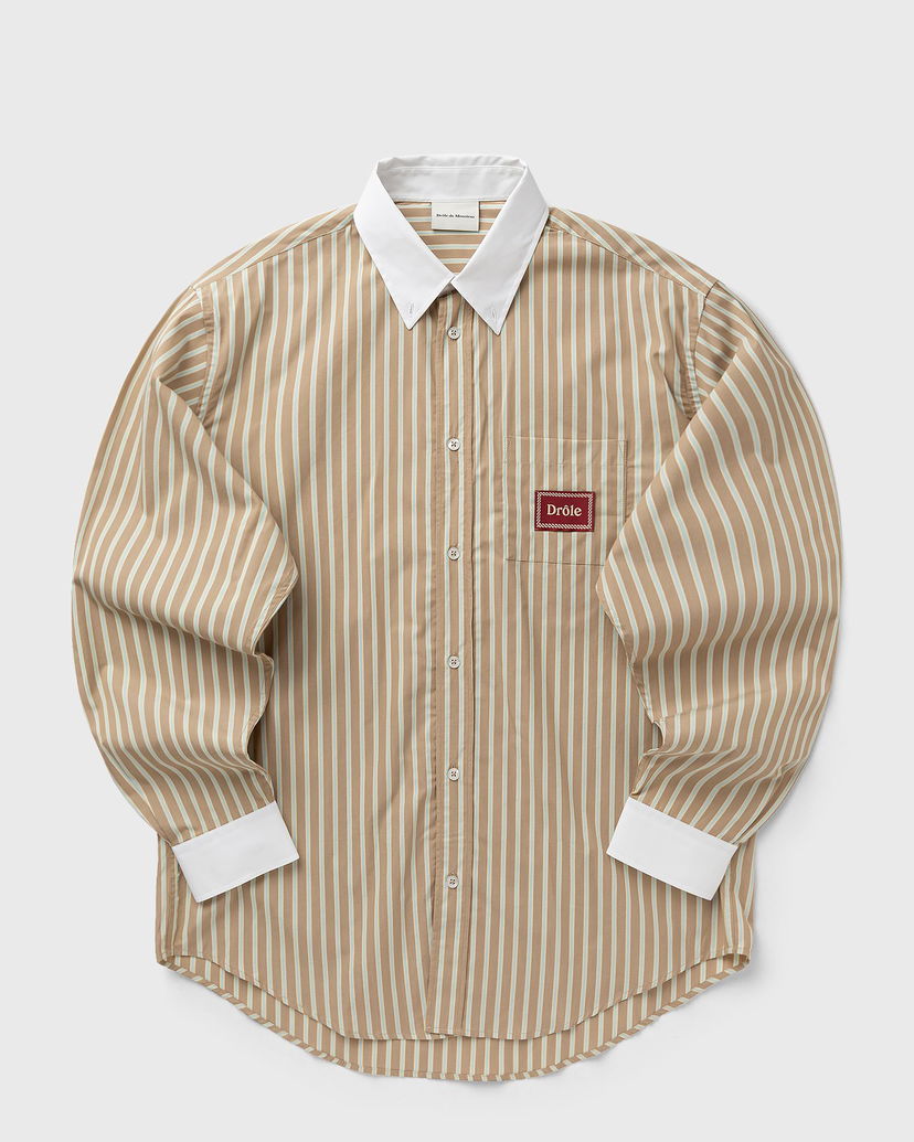 Skjorte Drôle de Monsieur Pinstripe Shirt with Contrast Collar and Cuffs Beige | I-SH240-CO232-BG