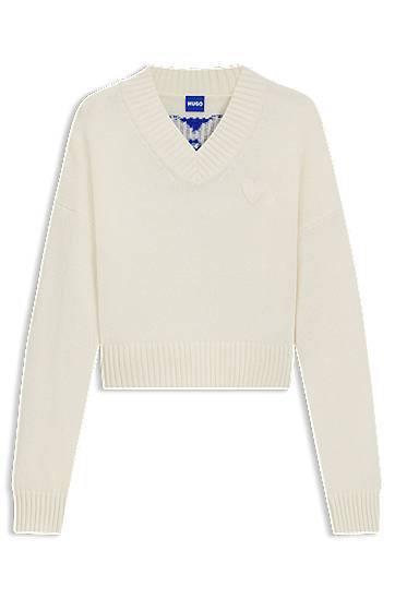 Sweater BOSS HUGO Women's Happy Cropped V-Neck Sweater with Heart Detail Hvid | 50543059