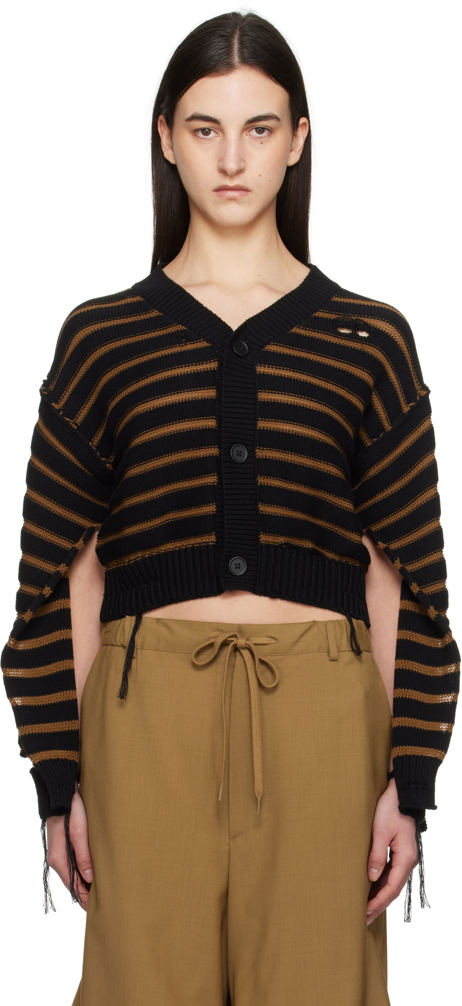 Sweater Maison Margiela MM6 Maison Margiela Striped Distressed V-Neck Cardigan Sort | S52HP0025 M13080, 0