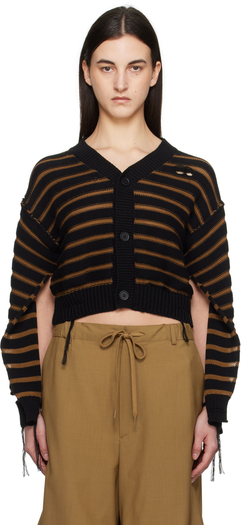 Sweater Maison Margiela MM6 Maison Margiela Striped Distressed V-Neck Cardigan Sort | S52HP0025 M13080