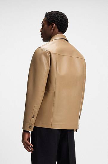 Jakke BOSS Shirt-style leather jacket with flap pockets Beige | 50543222, 1