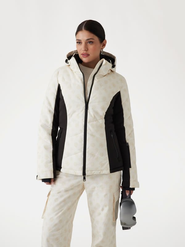 Puffer jakke GUESS Women's Printed Ski Jacket with Hood Hvid | W4PL3NWH0K0