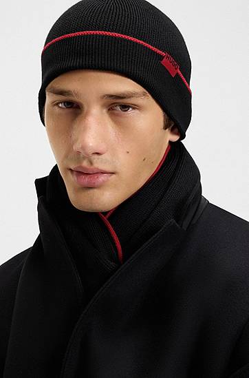 Beanie BOSS Knitted wool hat and scarf set with contrast trim Sort | 50517757, 1