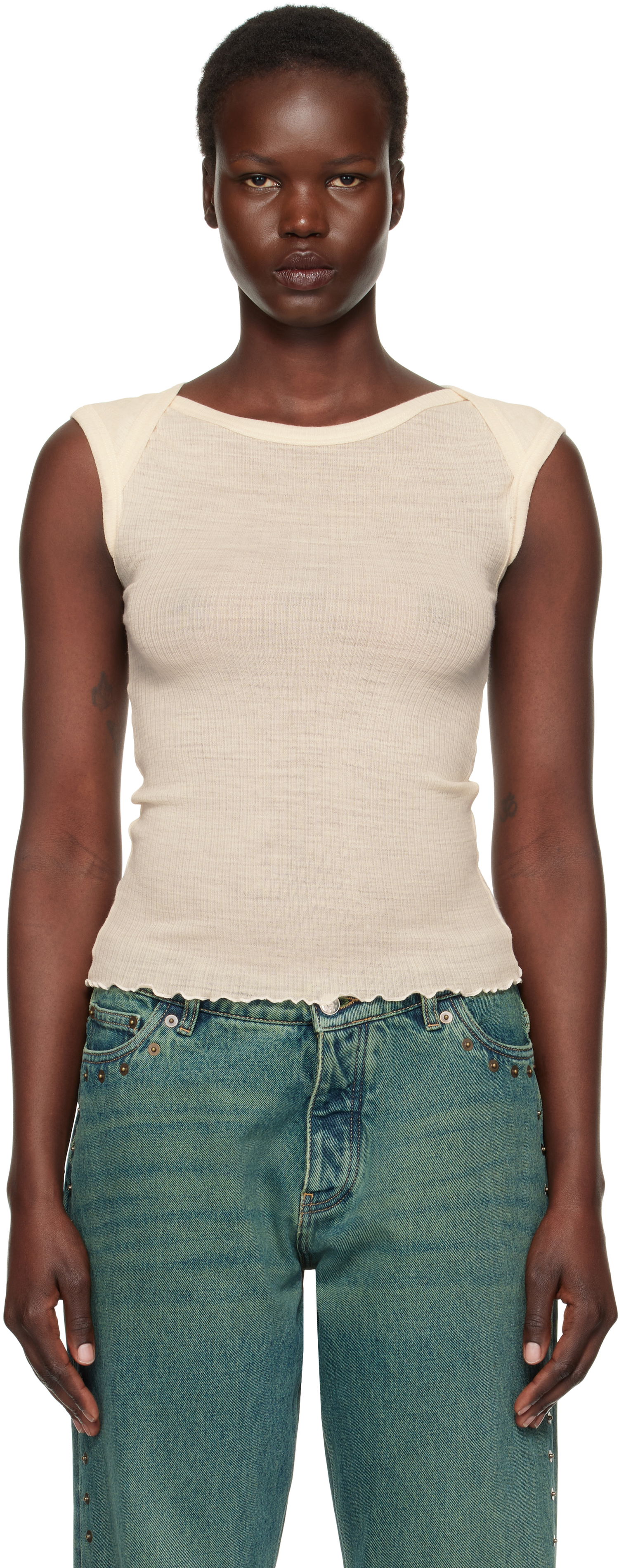 Tanktop Baserange Ribbed Knit Cap Sleeve Tank Top Beige | TODI-WO-SP25, 0