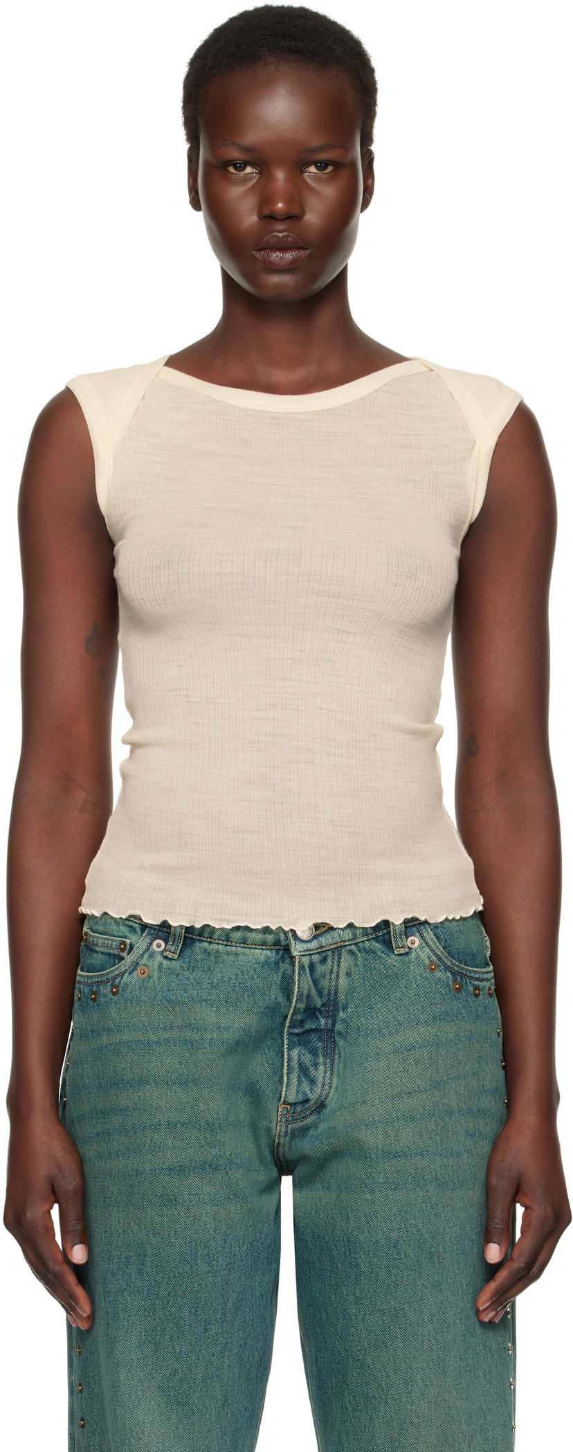 Tanktop Baserange Ribbed Knit Cap Sleeve Tank Top Beige | TODI-WO-SP25