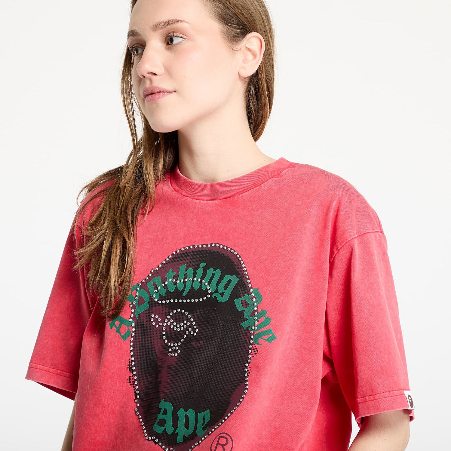 T-shirt BAPE A BATHING APE Garment Dye Rhinestone Ape Head Relaxed Fit Tee Lyserød | 001CSL301309MRED, 1