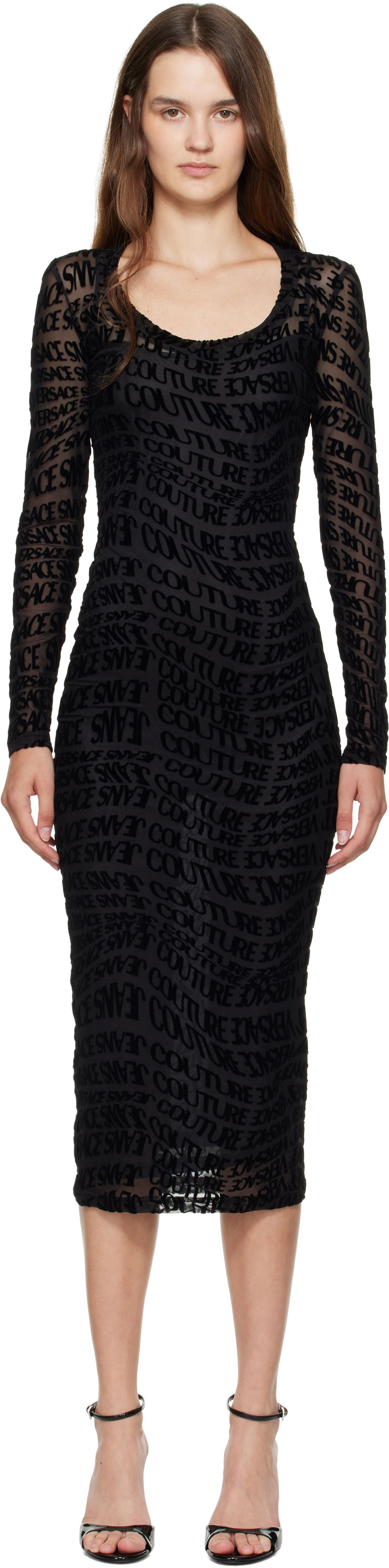 Kjole Versace Versace Jeans Couture Flock Liquify Tulle Midi Dress Sort | E79HAO920_EJS490, 0
