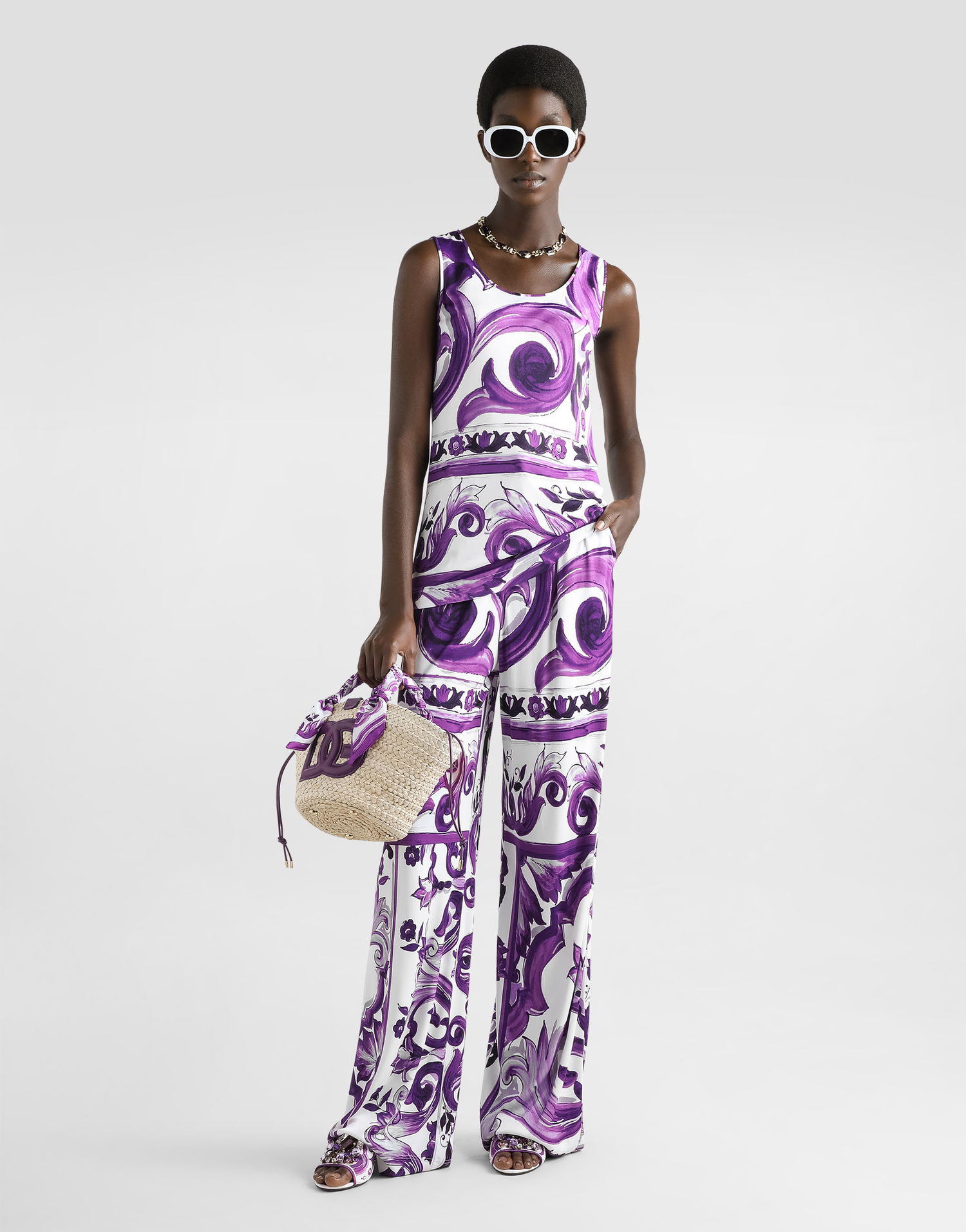Bukser Dolce & Gabbana Dolce & Gabbana Majolica-Print Wide-Leg Trousers Lilla | FTDBQTFS8C0IP3TN, 1
