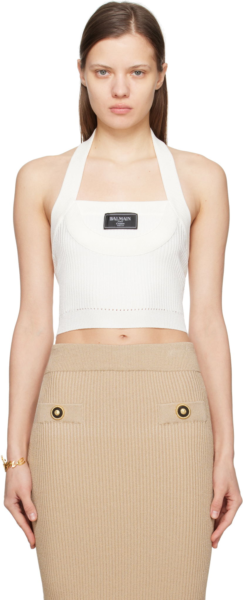 Nederdel Balmain Balmain Ribbed Knit Halter Top Beige | EF1AA380KI10
