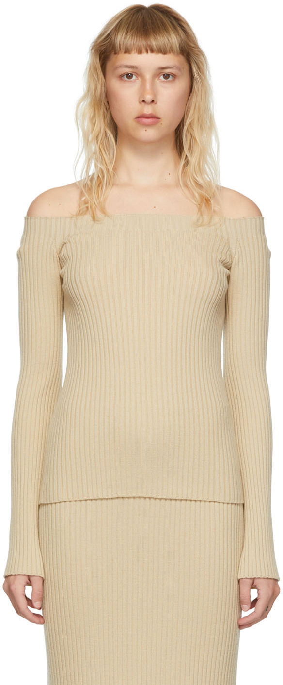 Tanktop CHLOÉ Off-the-Shoulder Ribbed Wool Sweater Beige | CHC22UMP11650