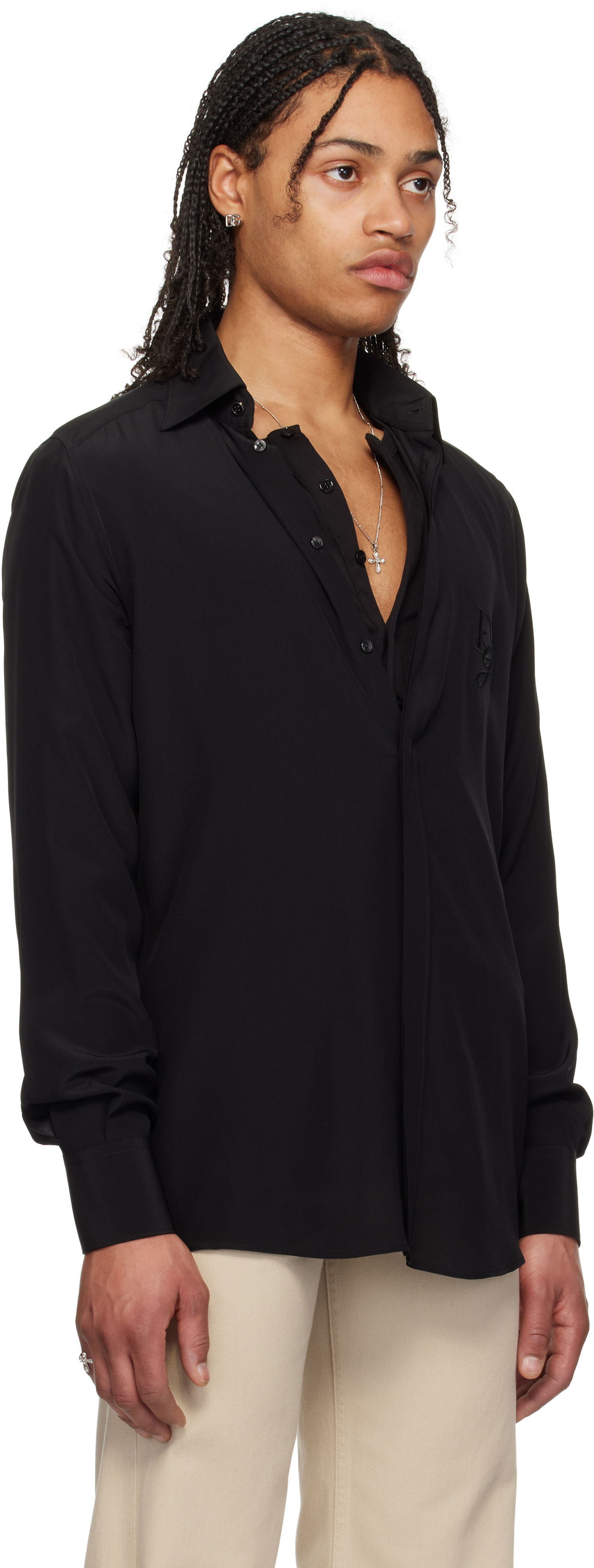 Skjorte Dolce & Gabbana Dolce&Gabbana Silk Logo Embroidered Shirt Sort | G5MO1ZFU1UQ, 1