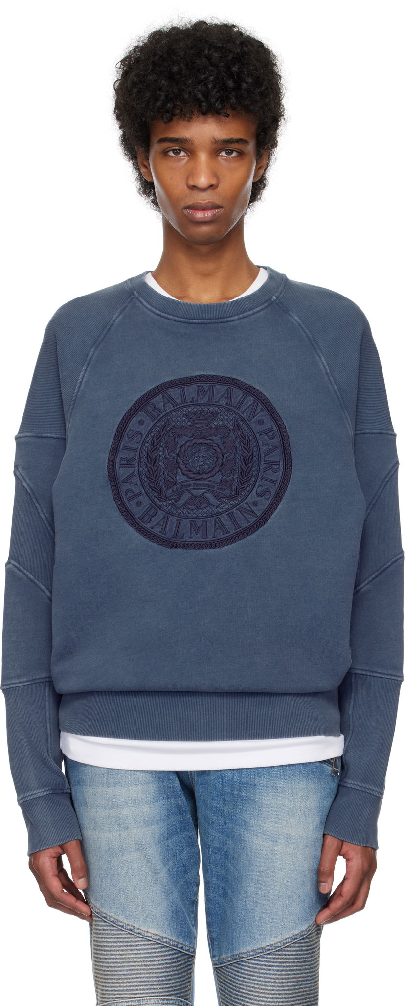 Sweater Balmain Balmain Ribbed Coin Embroidery Sweatshirt Blå | EH1JS007BC89