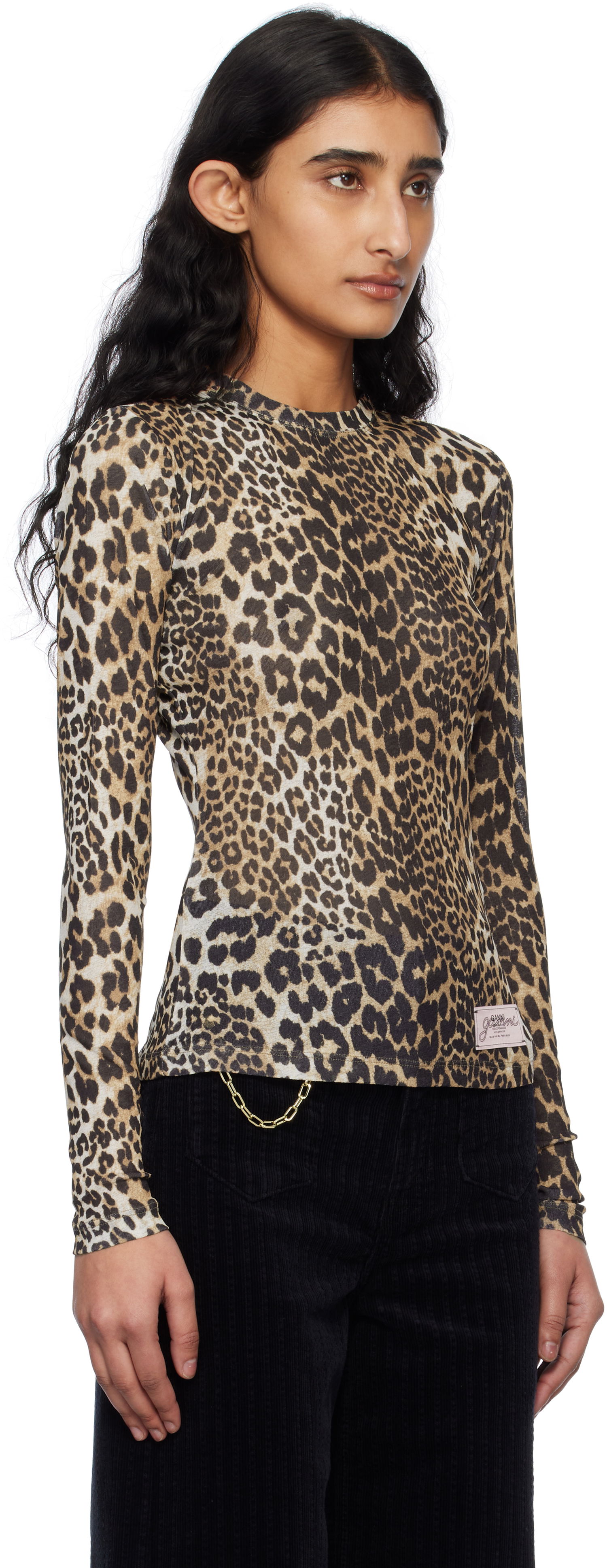 T-shirt GANNI GANNI Leopard Print Long Sleeve T-Shirt Beige | T4208, 1