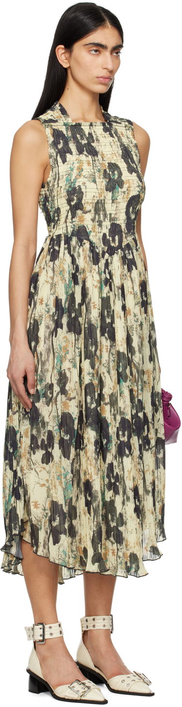 Kjole GANNI GANNI Printed Smocked Pleated Midi Dress Beige | W0209, 1
