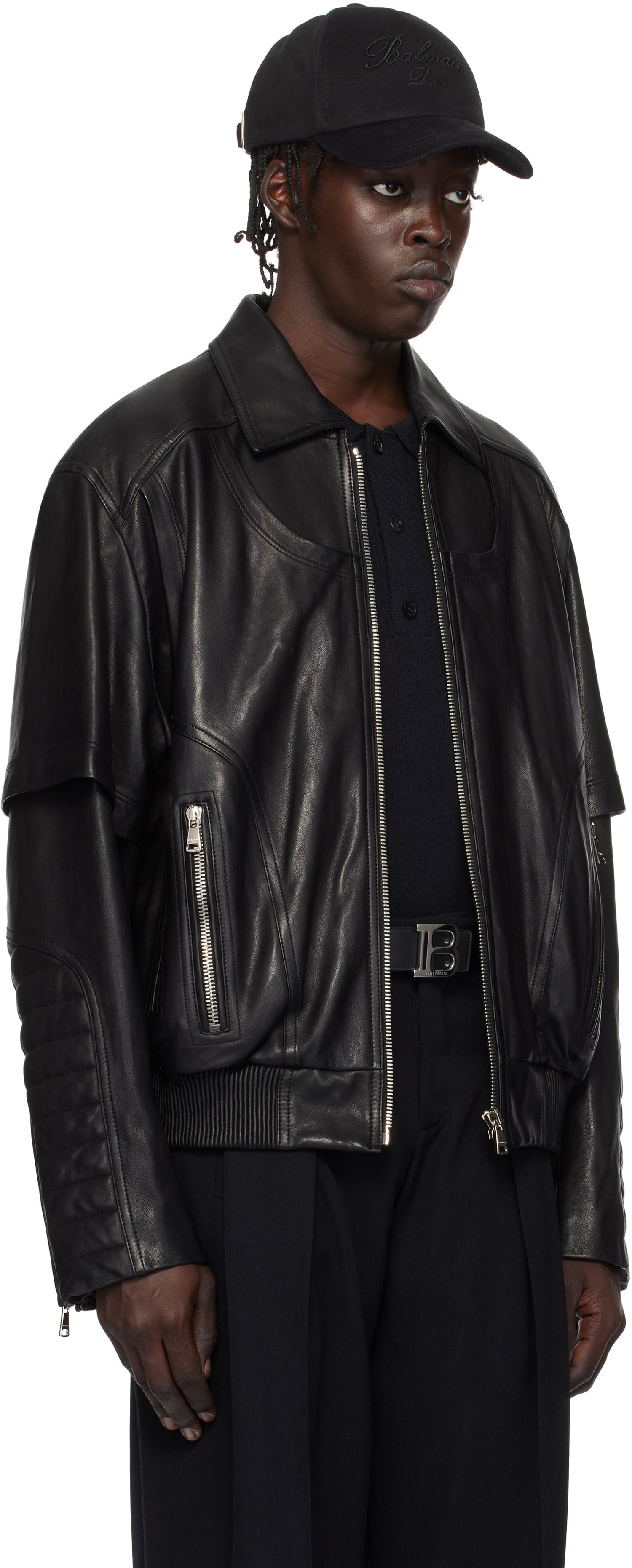 Bomberjakke Balmain Balmain Layered Leather Jacket Sort | EH1TF936LC62, 1
