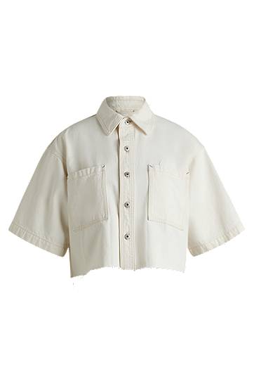 Skjorte BOSS Cropped Denim Blouse with Raw Hem Hvid | 50537471