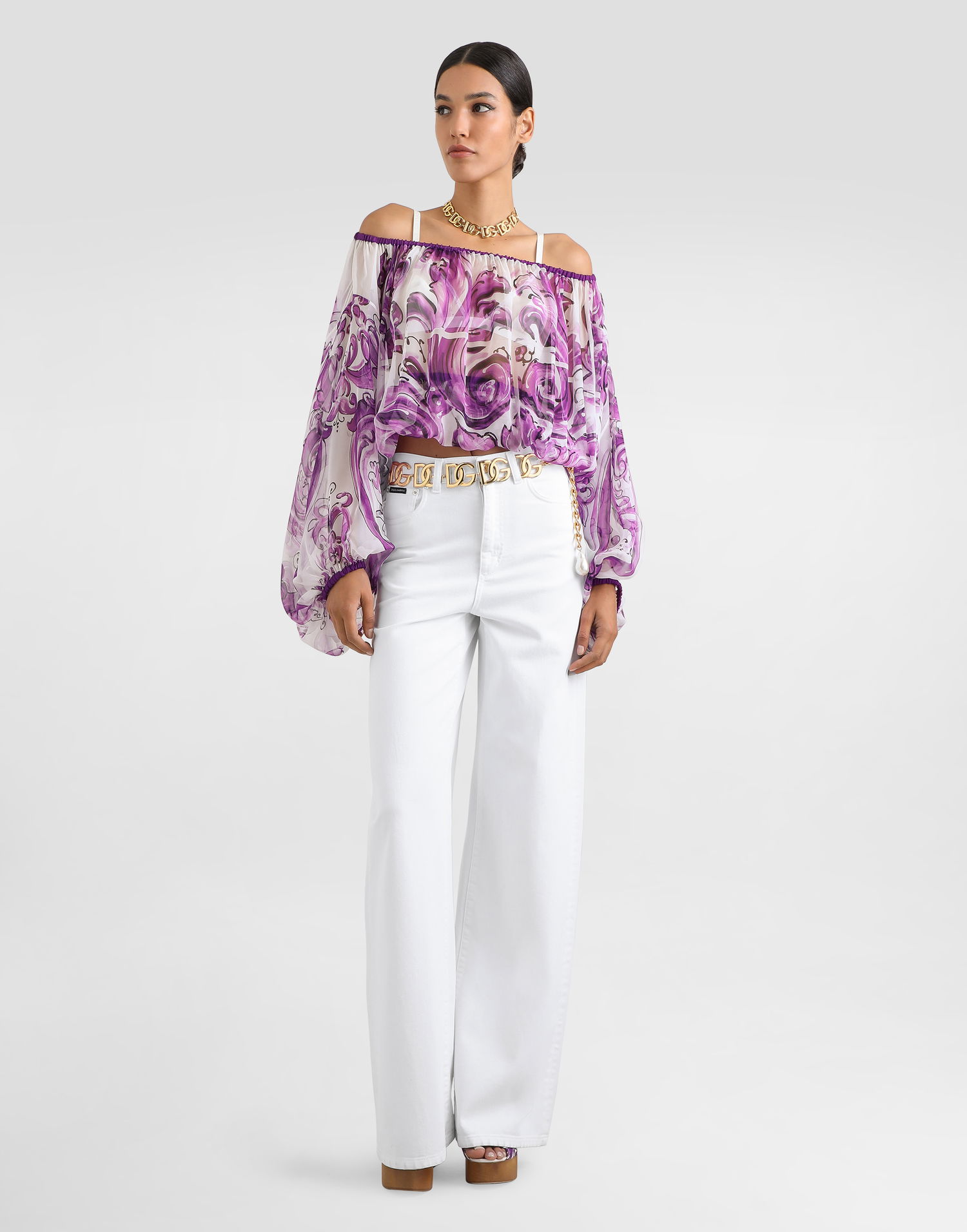 Crop top Dolce & Gabbana Dolce & Gabbana Majolica-Print Silk Chiffon Off-The-Shoulder Top Lilla | F72G7THI1T4HP5DQ, 1