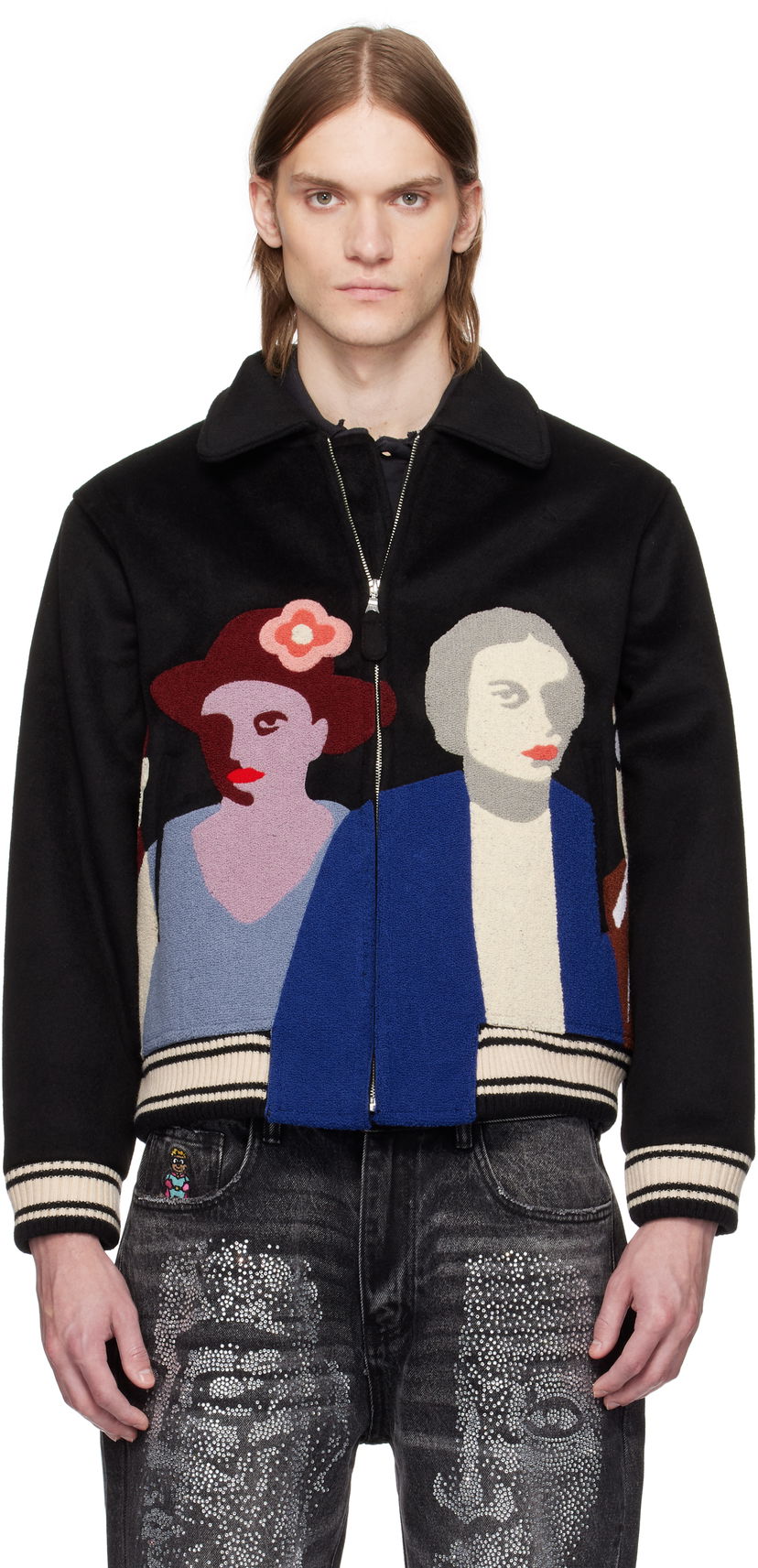 Bomberjakke KidSuper KidSuper Patchwork Portraits Wool Varsity Jacket Sort | SS25-OW-04