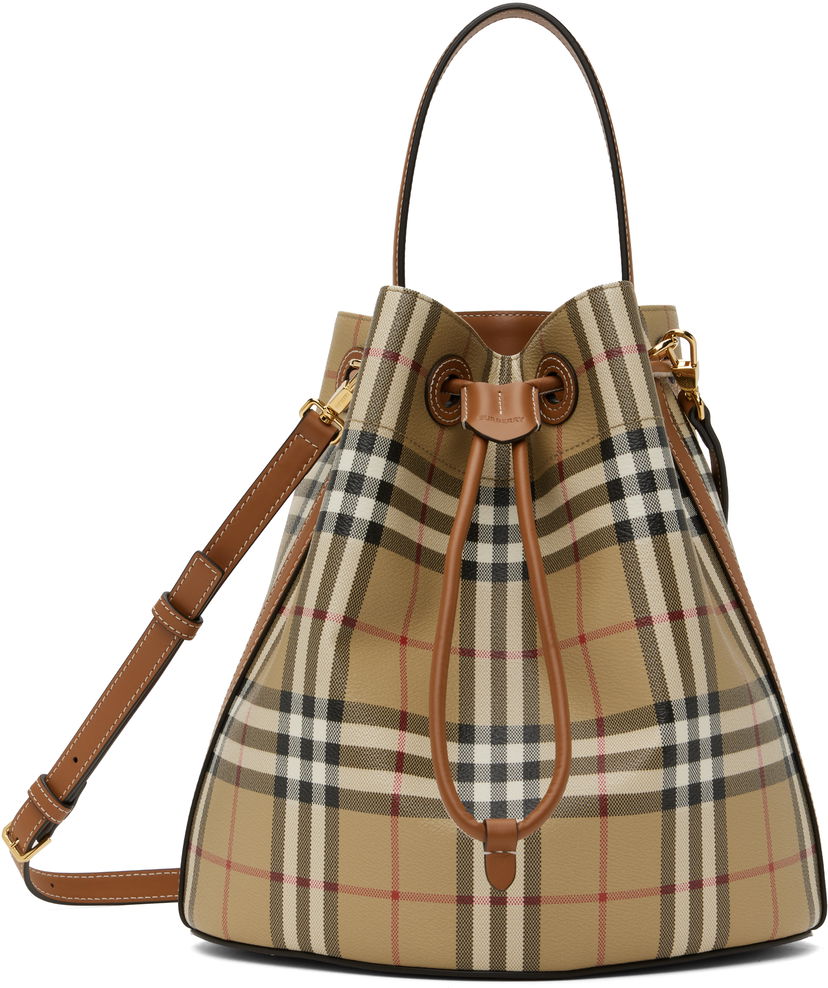 Håndtaske Burberry Burberry Vintage Check & Leather Drawstring Bucket Bag Beige | 8109795