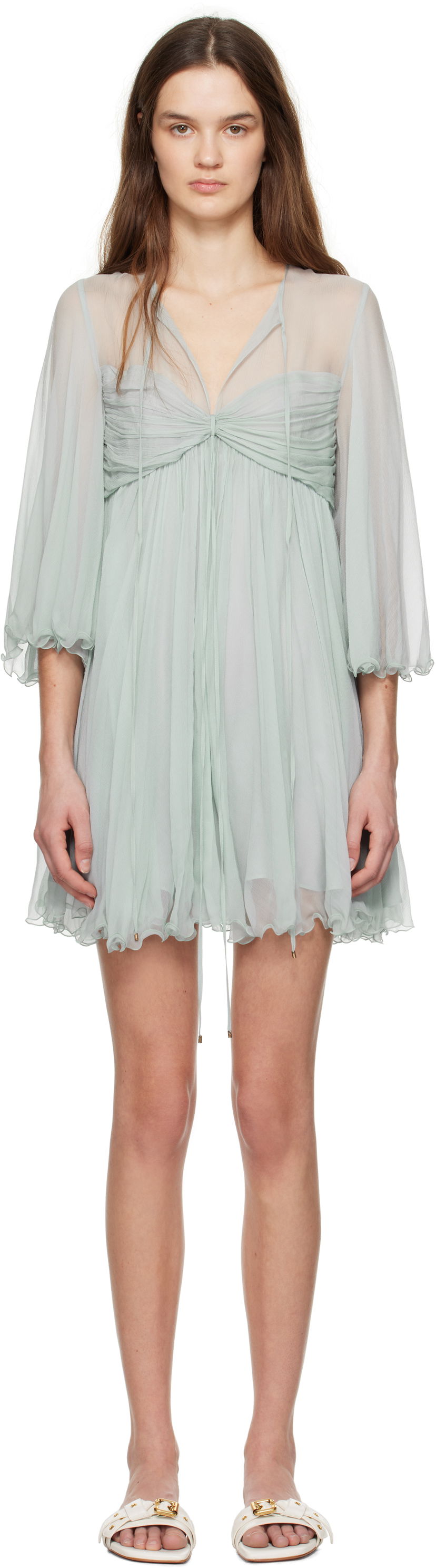 Kjole CHLOÉ Chloé Pleated Mini Dress Grøn | CH25SRO27116