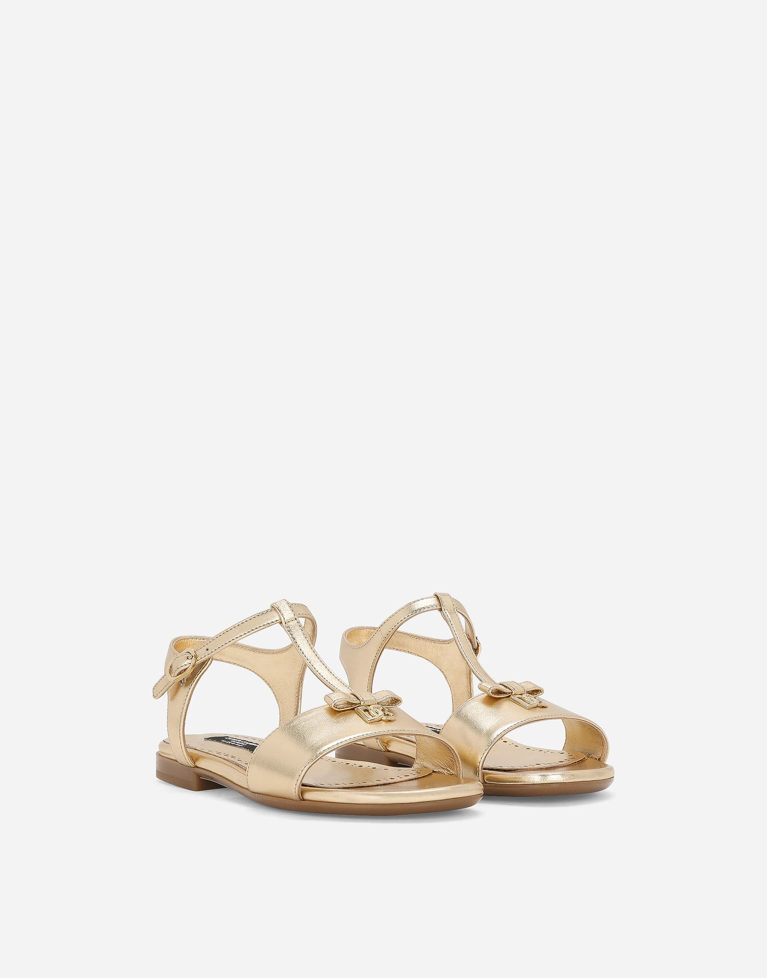 Sneakers og sko Dolce & Gabbana Foiled Leather T-bar Flat Sandals with Buckle Fastening Metalisk | D11155A543987601, 1