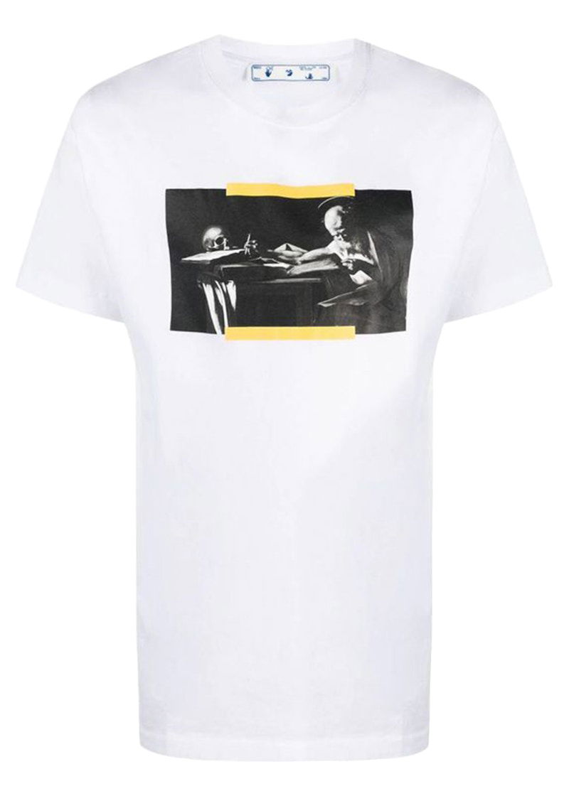 T-shirt Off-White Caravaggio Saint Jerome Writing Hands Off Logo Slim Fit T-shirt While/Black/Yellow Hvid | OMAA027F21JER0140184