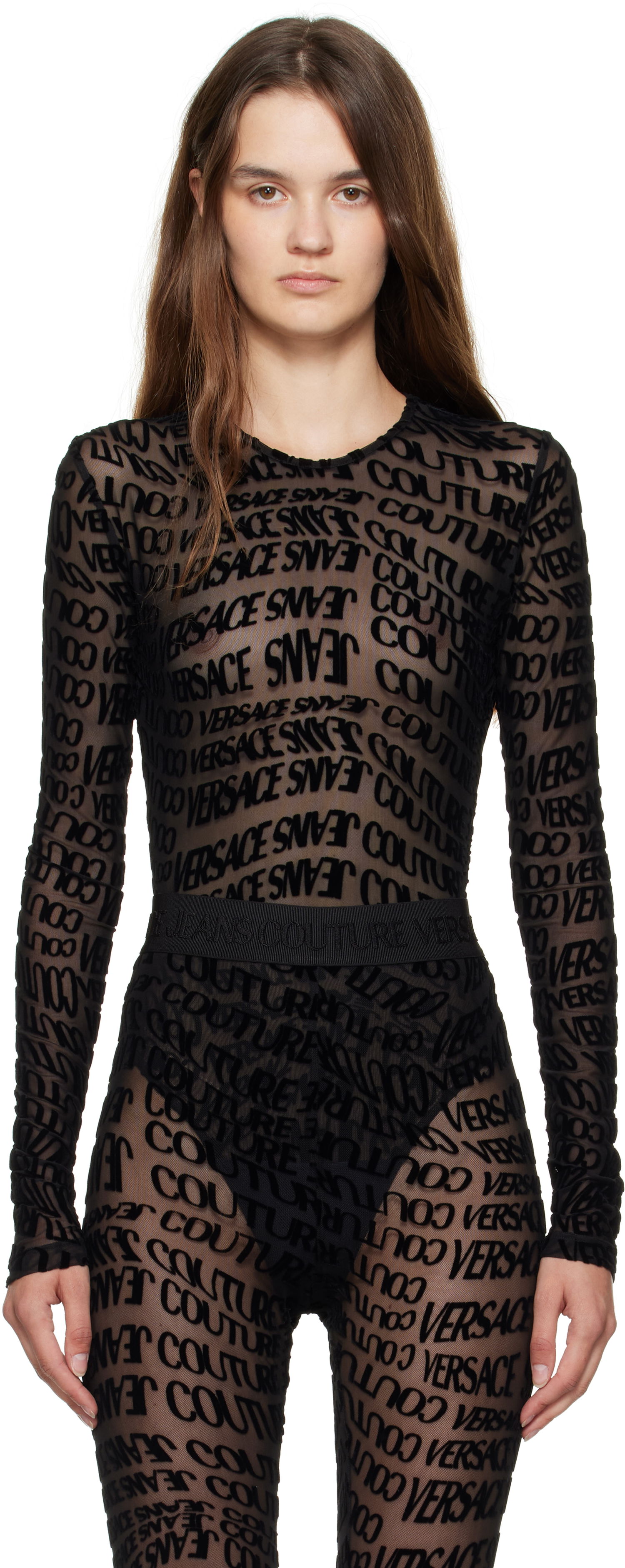 Krop Versace Versace Jeans Couture Tulle Flock Liquify Bodysuit Sort | E79HAM221_EJS490, 0