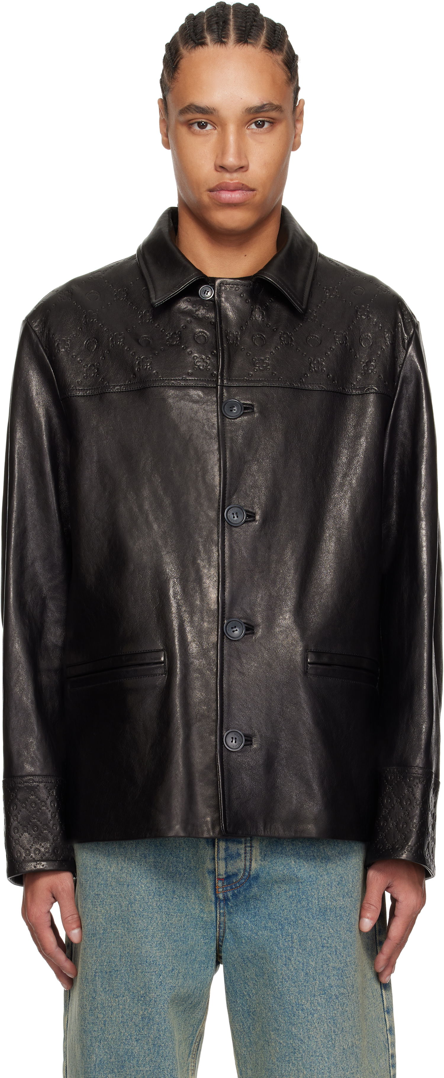 Jakke Marine Serre Marine Serre Monogram Embossed Boxy Leather Jacket Sort | MJA065B RLEA0021, 0