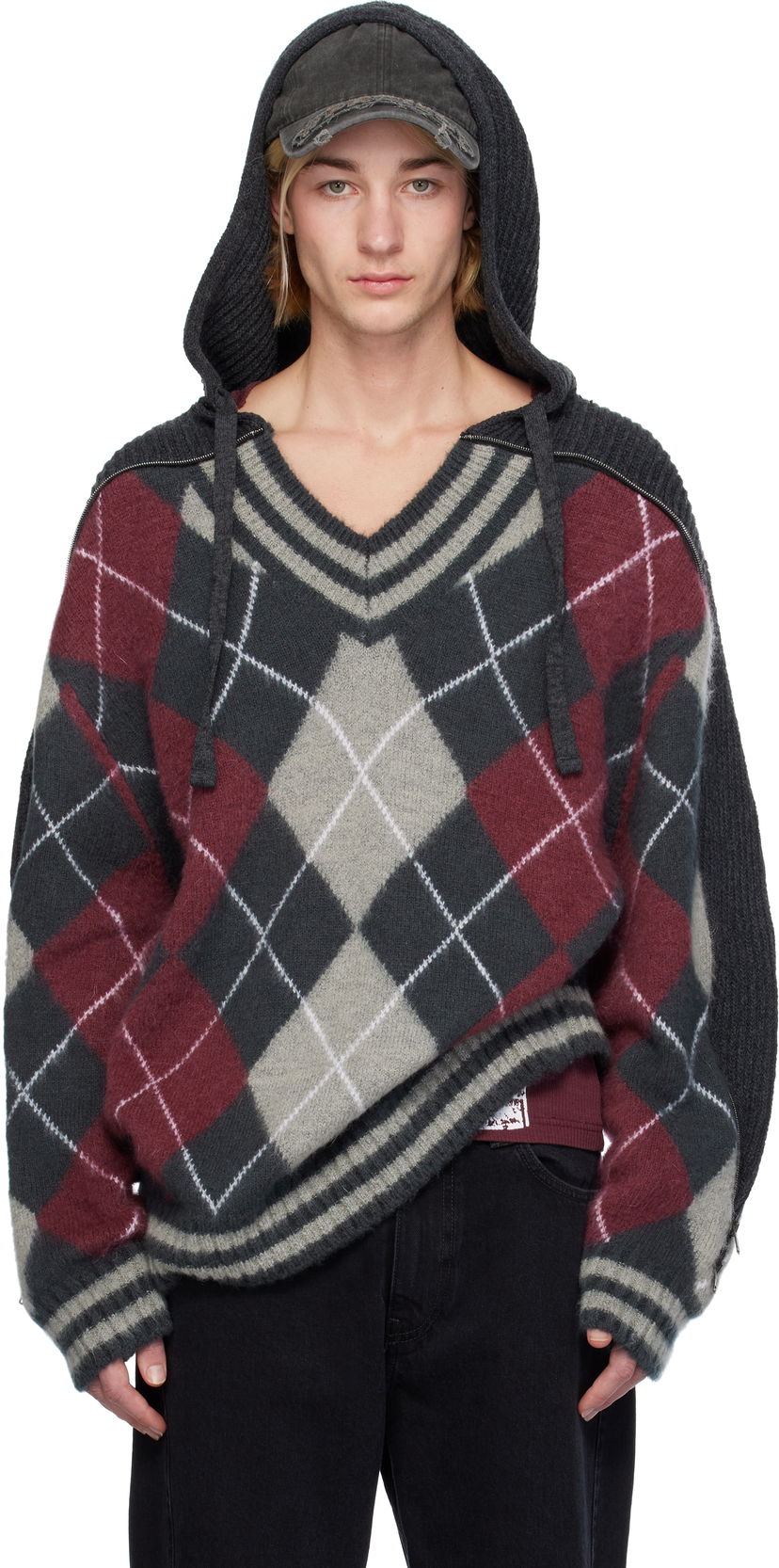Sweater Y/PROJECT Zip Insert Argyle Hoodie Rød | 206SW005