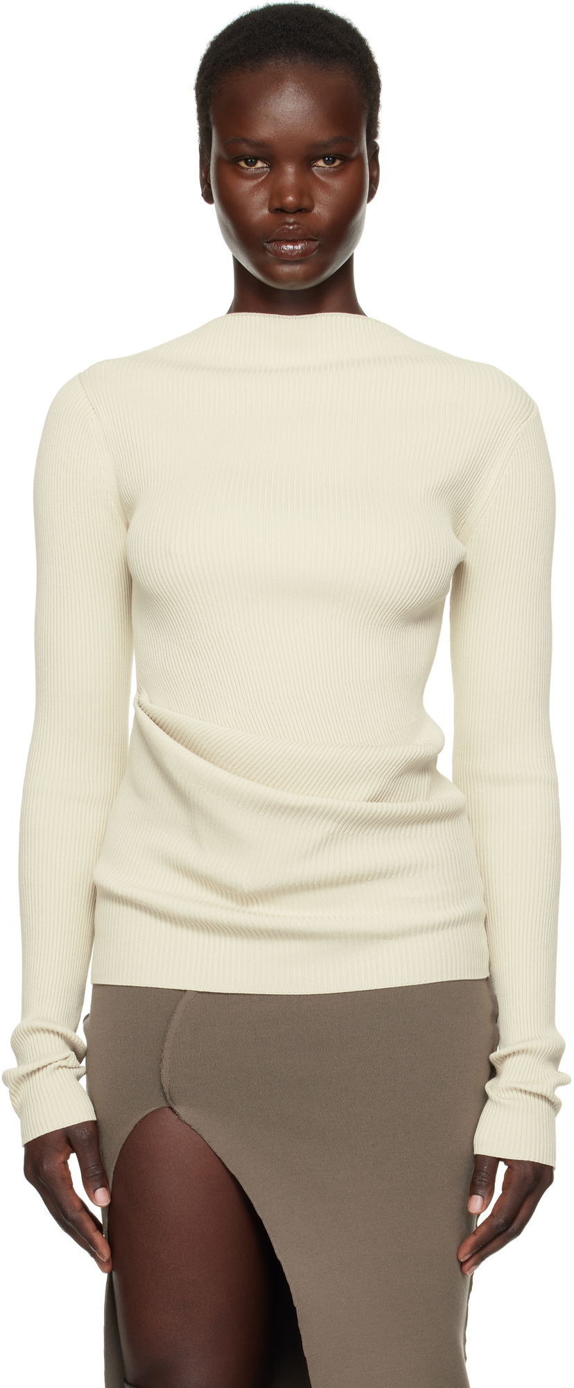 Sweater Rick Owens Rick Owens Hollywood Babel Draped Ribbed Knit Sweater Beige | RP01E7639 RIBVI