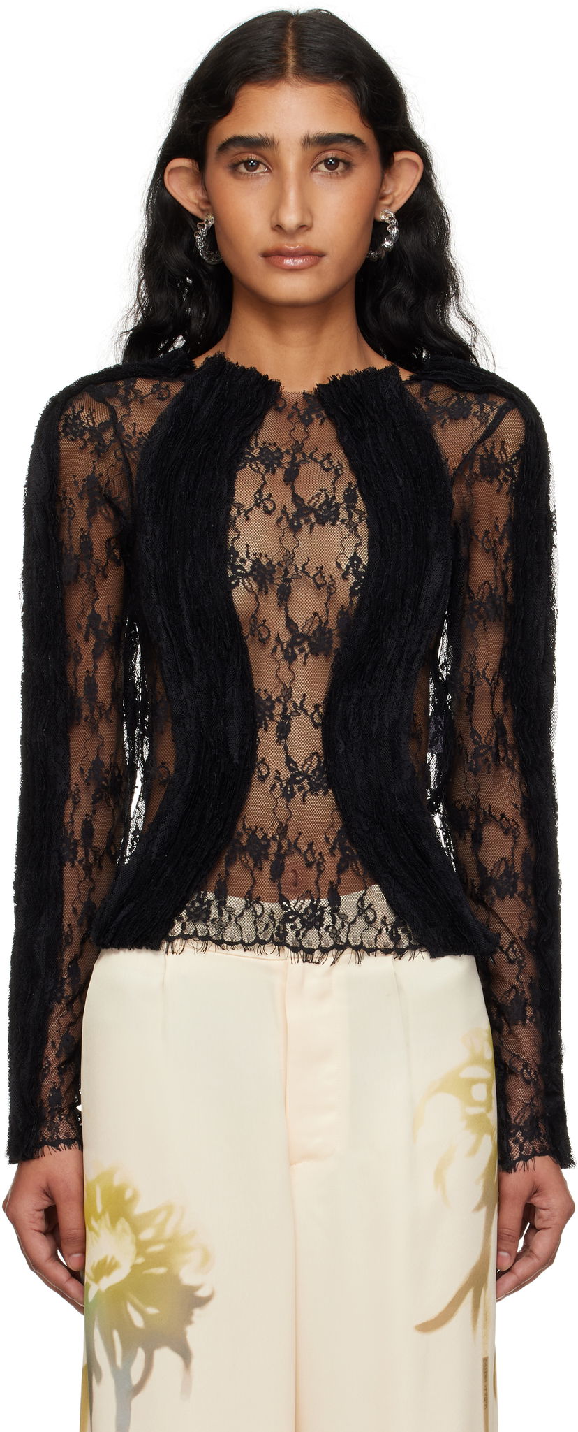 T-shirts og tank tops Collina Strada Collina Strada Wavy Lace Top Sort | XX3303