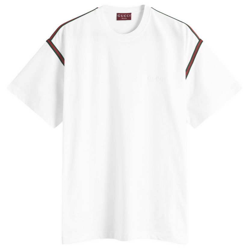 T-shirt Gucci Men's Cotton T-Shirt with Tape Detail, Size Large Hvid | 814958-XJG3D-9692