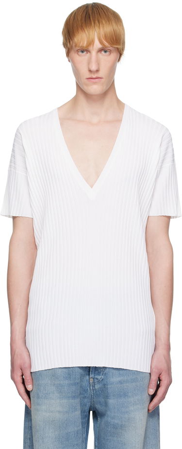 T-shirt Maison Margiela MM6 Maison Margiela Rib-Knit V-Neck T-Shirt Hvid | SH2HN0003 M13125, 0