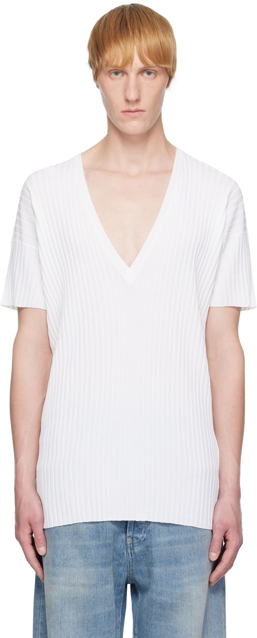 T-shirt Maison Margiela MM6 Maison Margiela Rib-Knit V-Neck T-Shirt Hvid | SH2HN0003 M13125