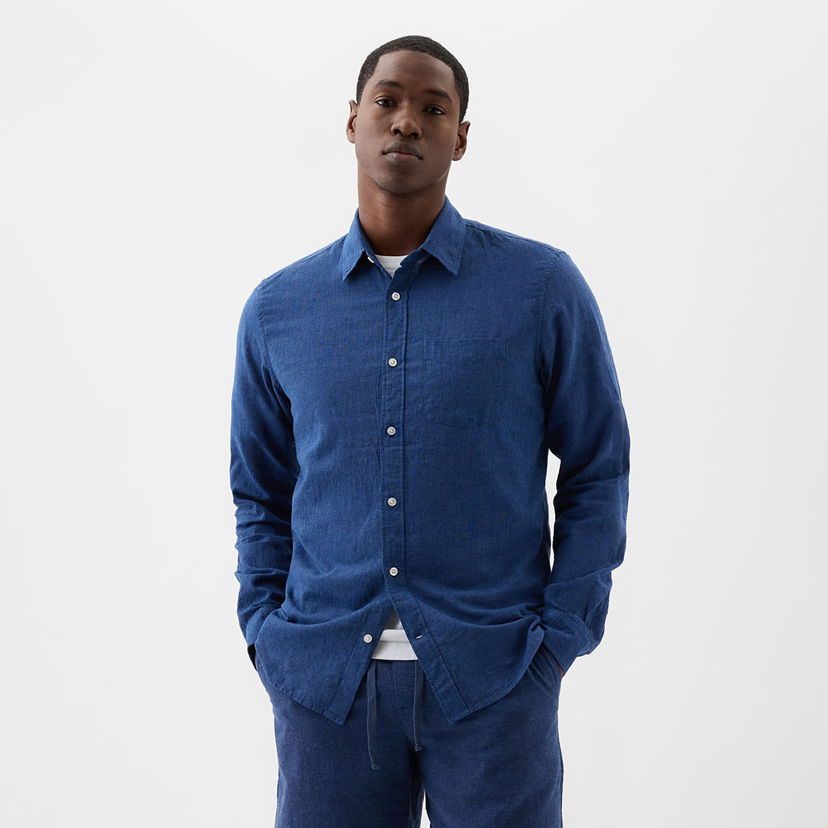 Skjorte GAP Longsleeve Standard-Fit Linen Shirt Bainbridge Blue Blå | 885302-06
