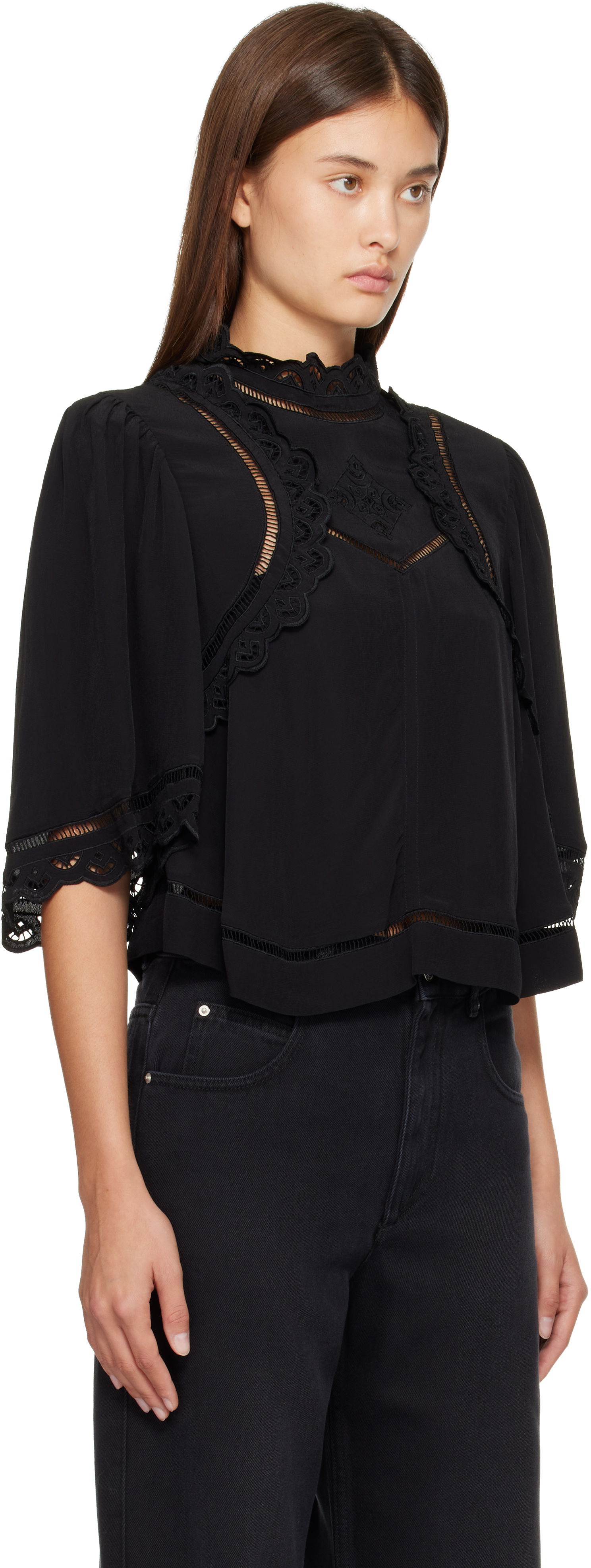 Skjorte ISABEL MARANT Frany high-neck lace cut-out blouse Sort | HT0662FA-C3J11I, 1